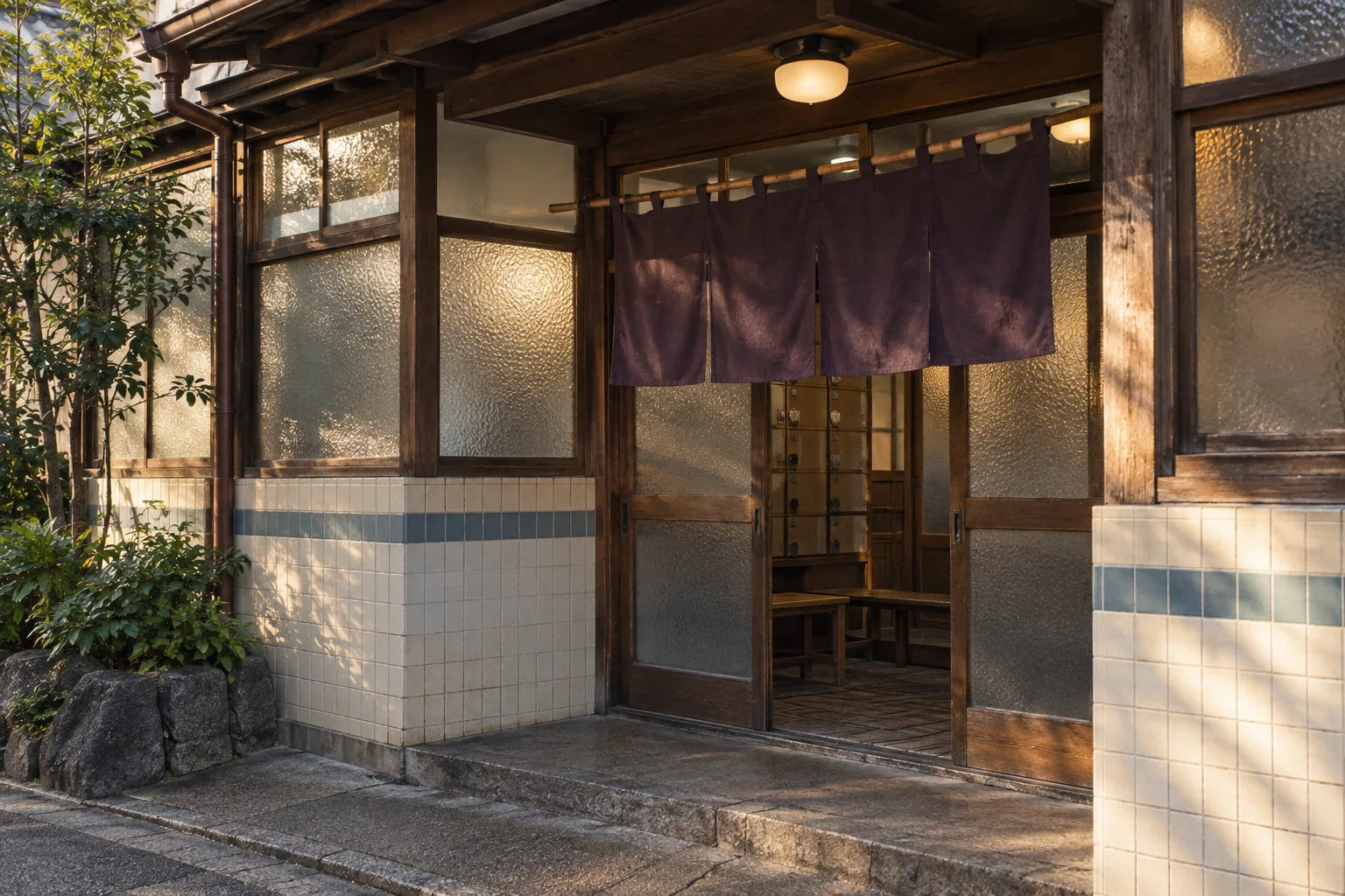 紫の暖簾と木の引き戸がある入口の外観