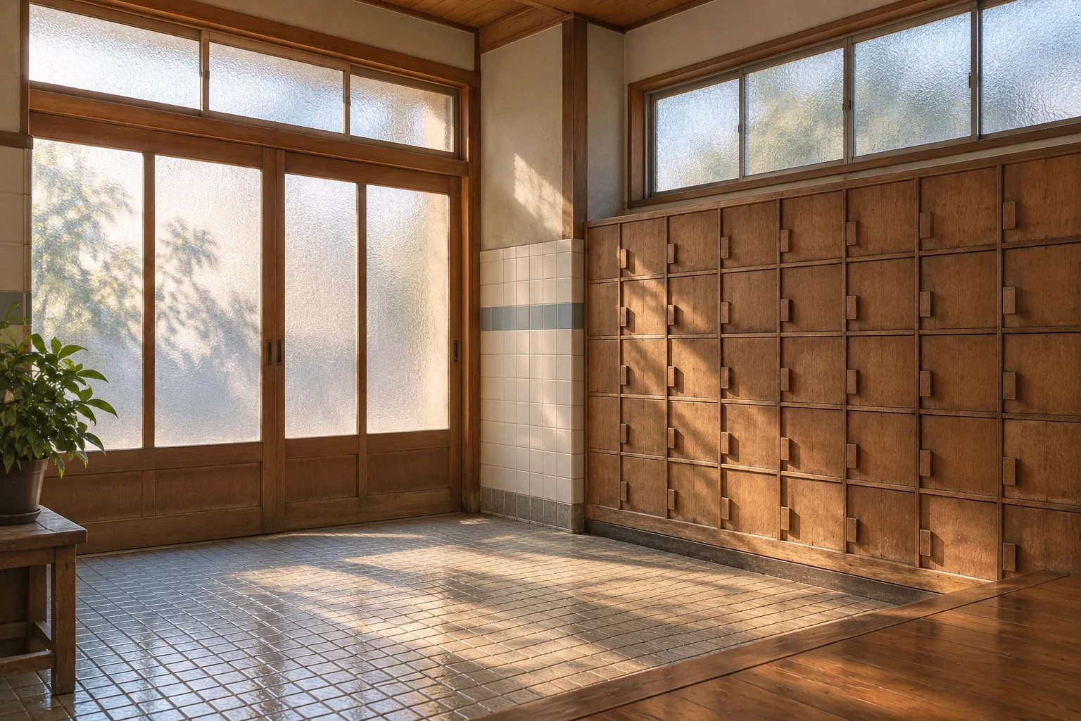 木の下足箱と引き戸がある銭湯の入口