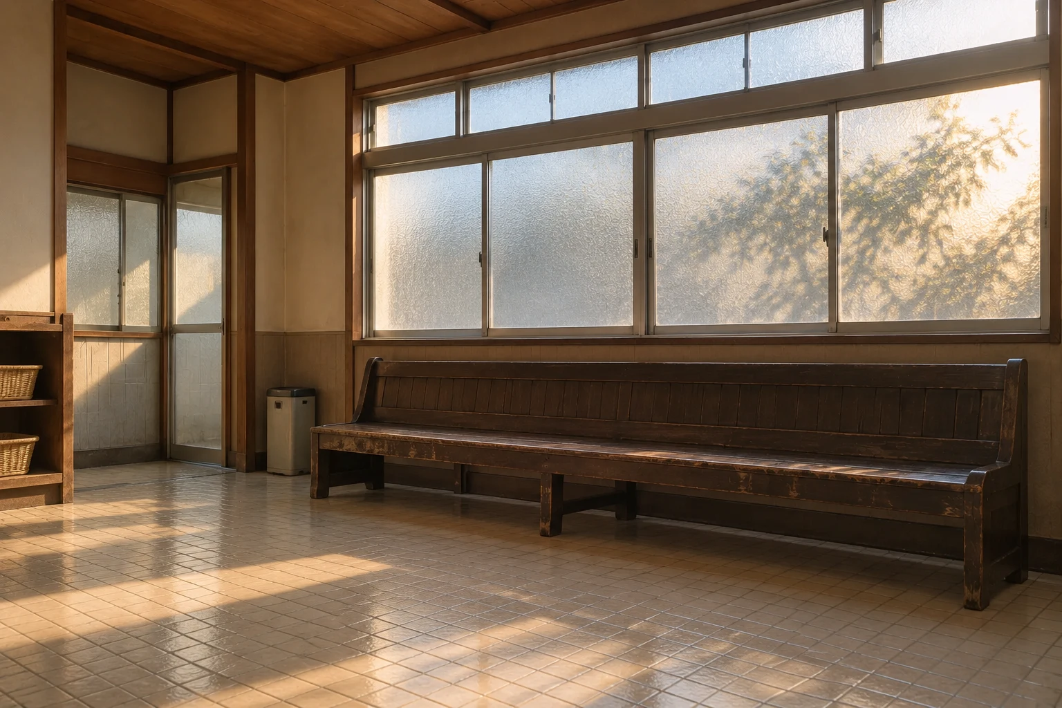 窓辺に木の長椅子を置いた湯上がりの休憩所